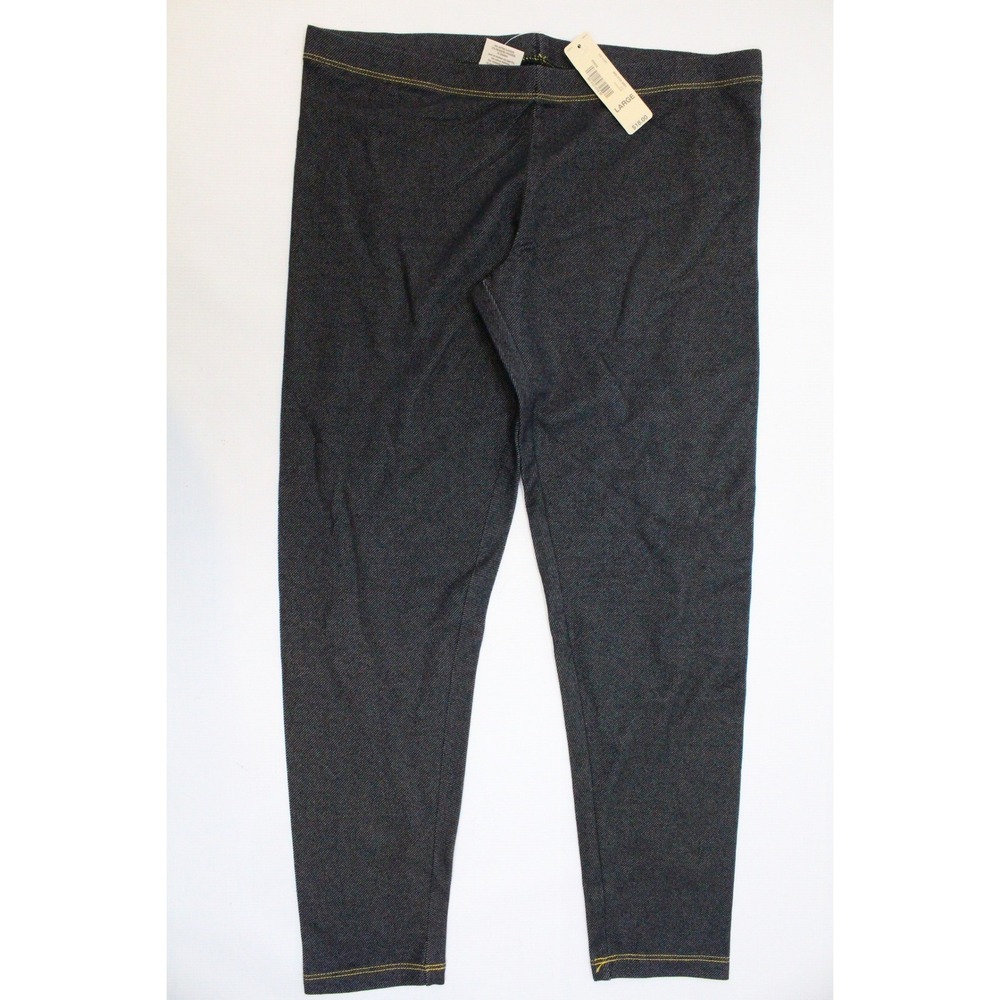 Decree Womens Dark Rinse Denim Look Leggings Large Yellow Topstitching Stretch